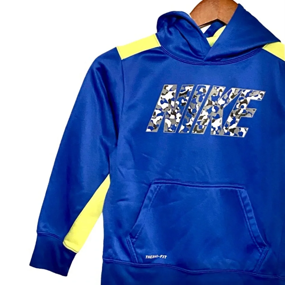 Nike Camo Graphic SpellOut Therma-Fit Blue Pullover Hoodie Athletic Sweatshirt S
